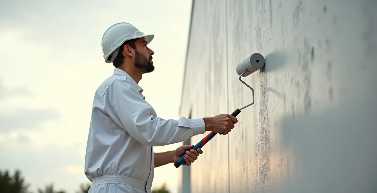 Peintre professionnel appliquant de la peinture sur une façade en crépi par temps nuageux idéal