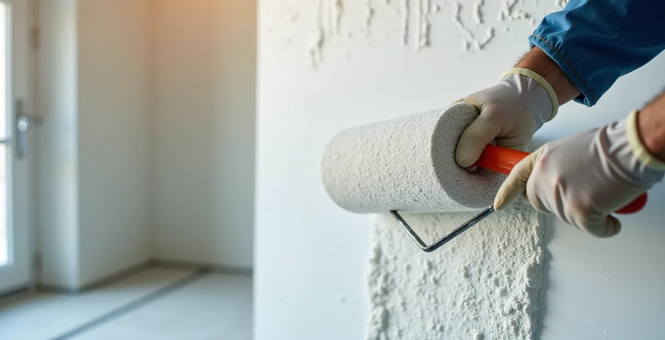Application d'un SPEC liquide au rouleau sur un mur de douche avec technique de double passe