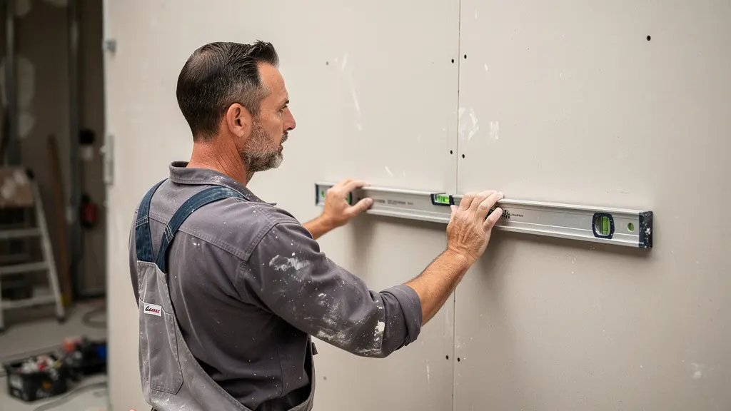Artisan vérifiant l'alignement d'une cloison avec un niveau à bulle sur chantier de rénovation