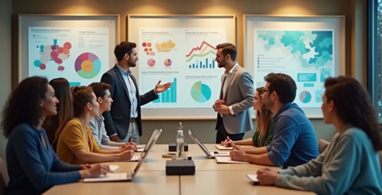 Salle de réunion avec présentation de graphiques financiers sur ravalement de façade