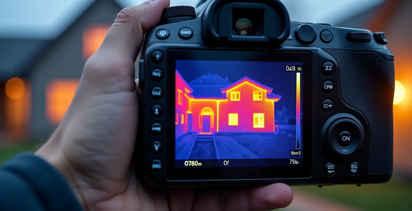 Analyse thermique d'une maison lors d'un audit énergétique avec caméra infrarouge