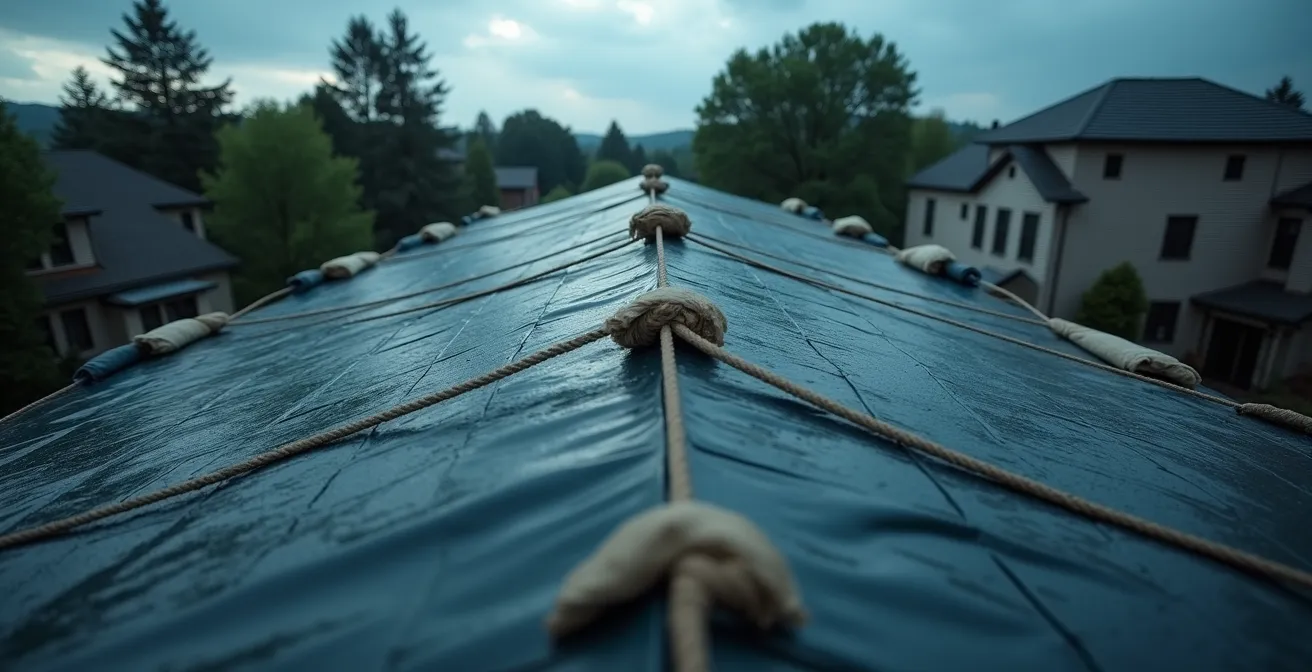 Installation sécurisée d'une bâche d'urgence sur toiture avec lestage approprié pendant une tempête