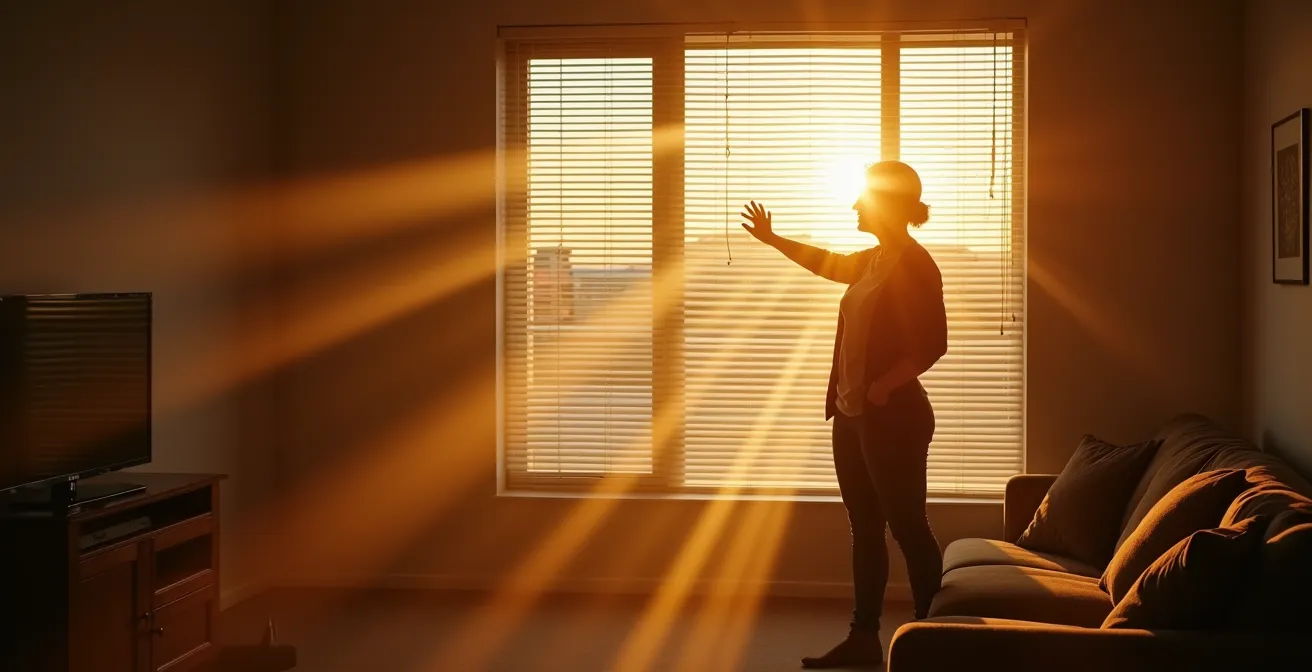 Intérieur lumineux avec brise-soleil orientable créant des jeux d'ombre et lumière
