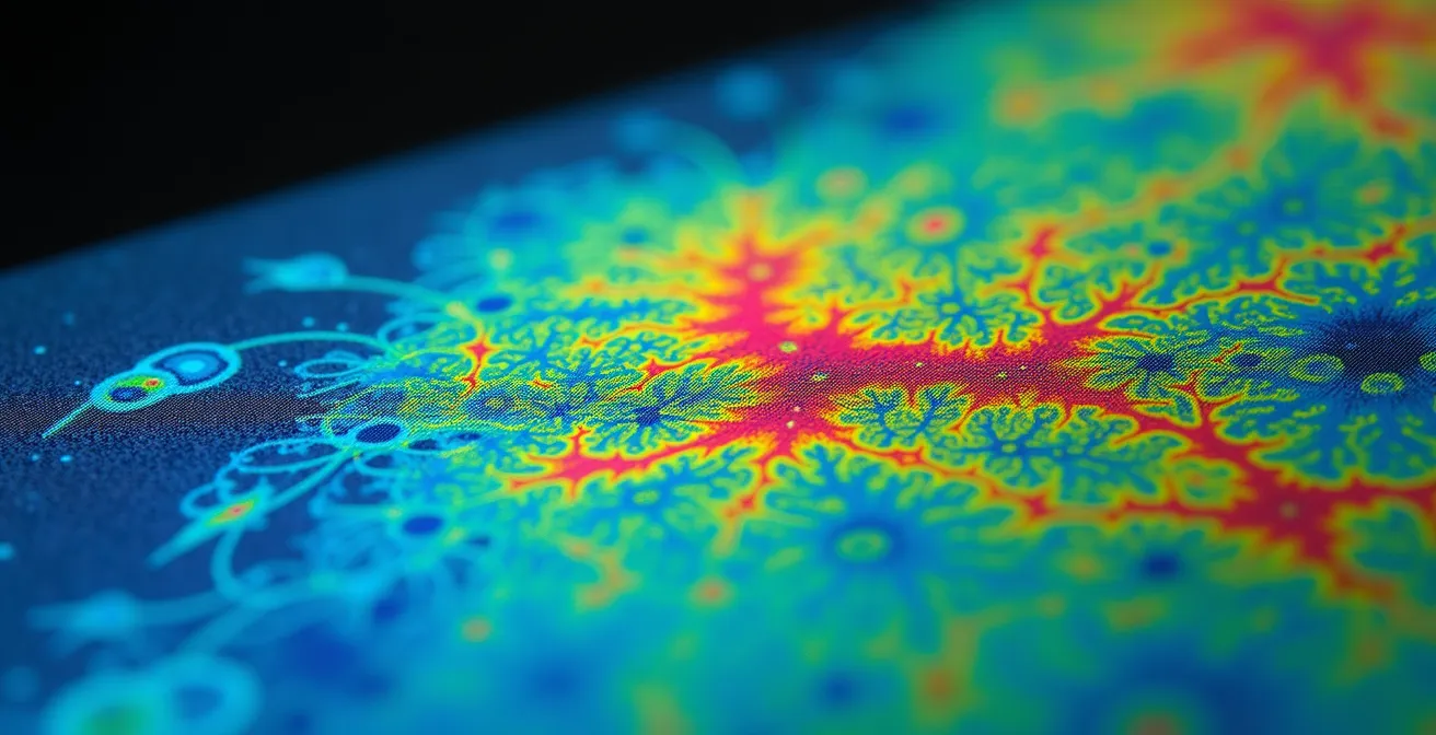 Vue macro d'une caméra thermique montrant les textures colorées des déperditions de chaleur