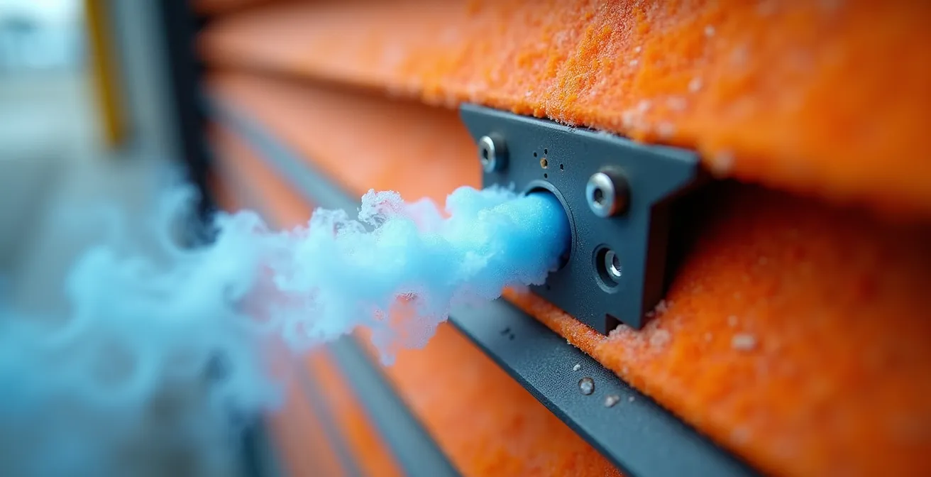 Vue macro thermographique d'un coffre de volet roulant montrant les fuites d'air froid en bleu intense