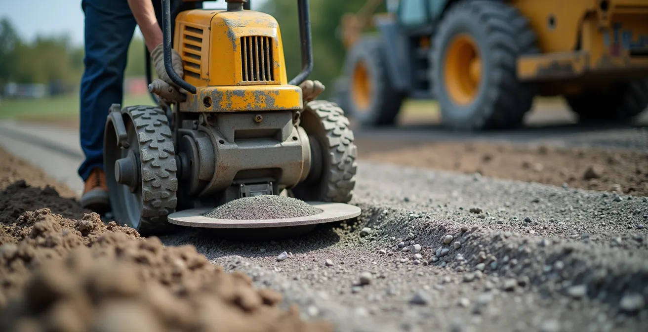 Ouvrier utilisant une plaque vibrante pour compacter une fondation granulaire