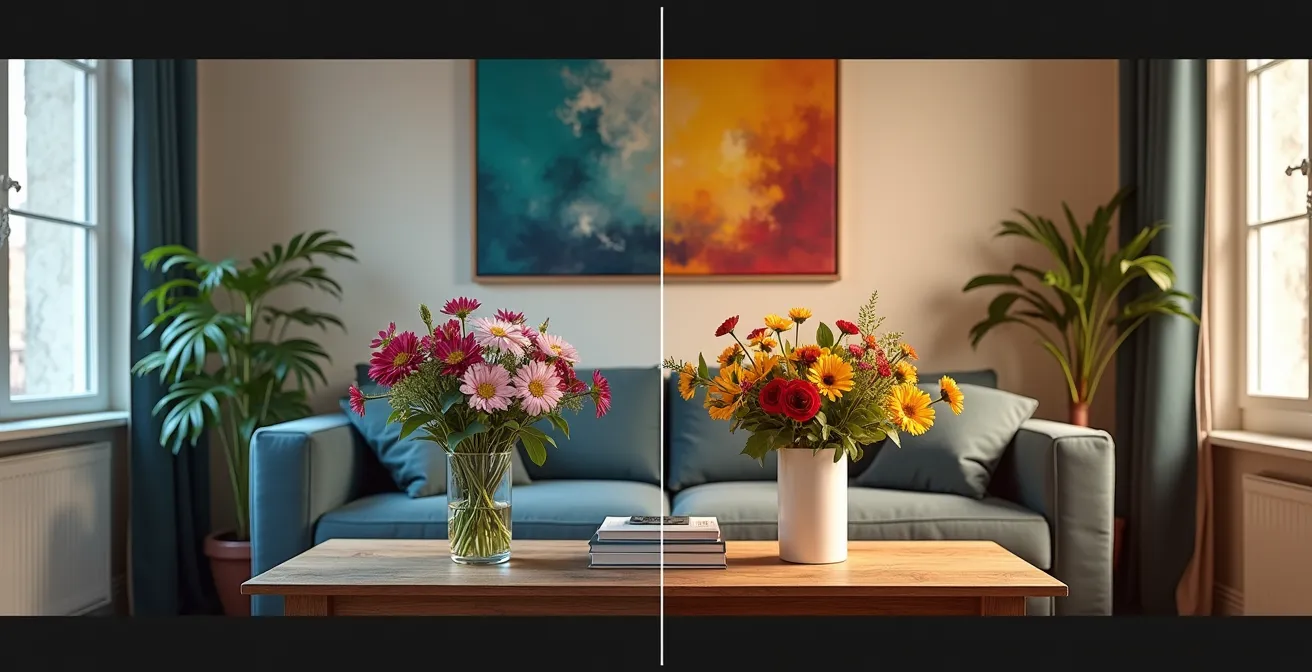 Comparaison visuelle du même intérieur sous éclairage IRC 70 versus IRC 95 montrant la différence de rendu des couleurs