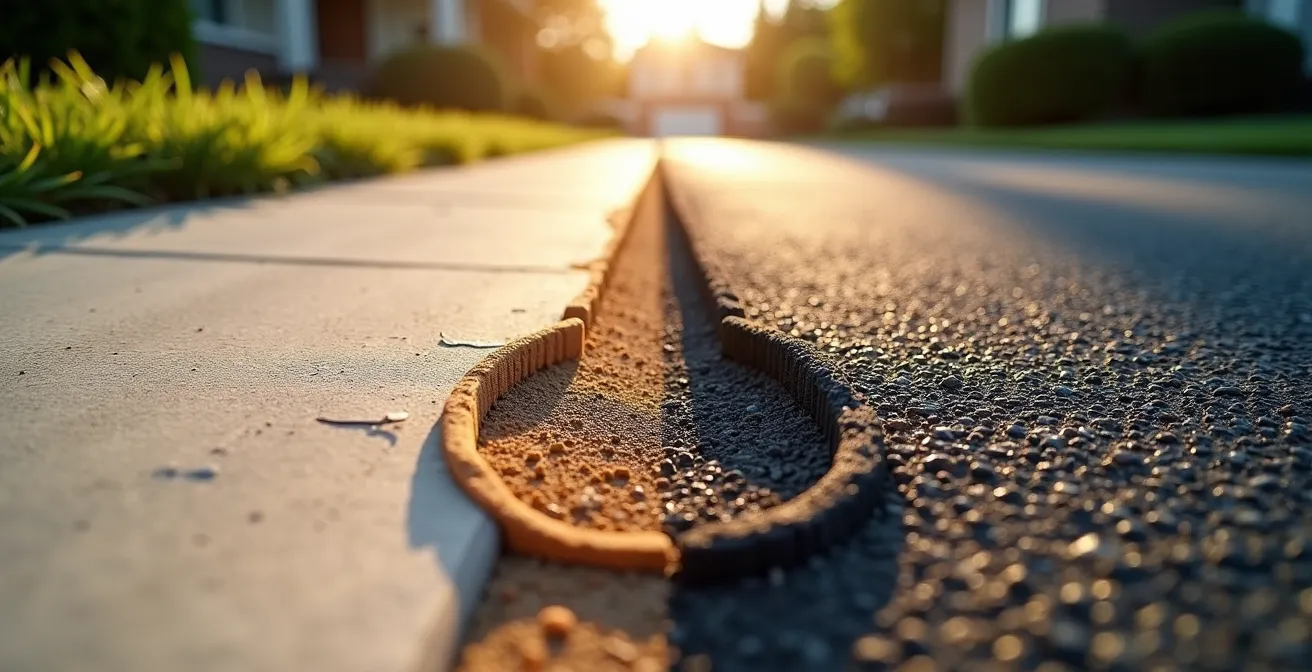 Comparaison visuelle entre surface de béton imprimé clair et enrobé noir sous le soleil