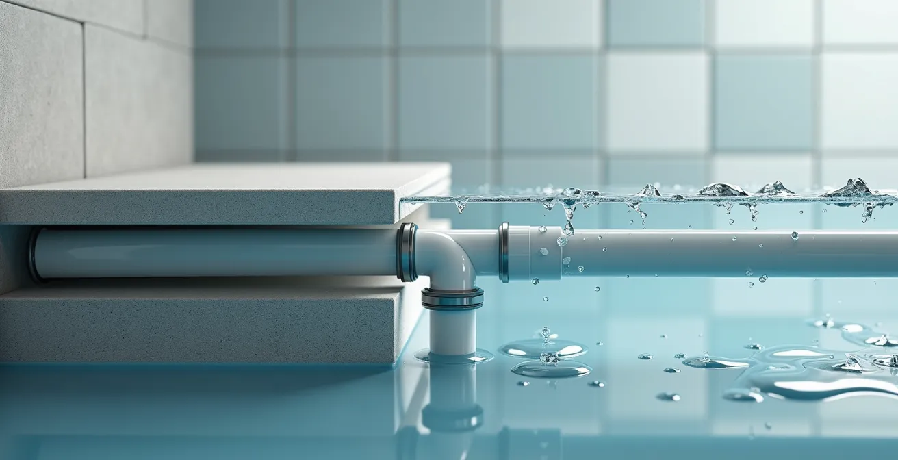 Vue en coupe technique montrant la différence de hauteur entre évacuation baignoire et douche