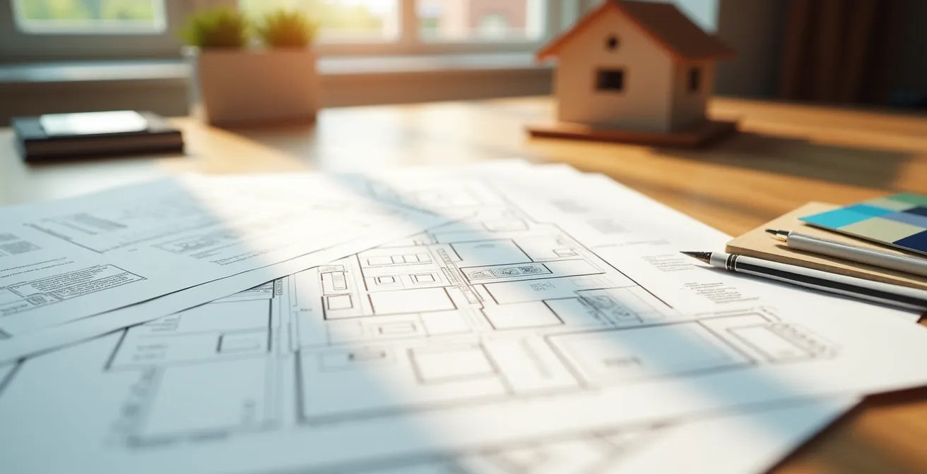 Bureau avec dossier de déclaration préalable et plans de façade étalés pour ravalement