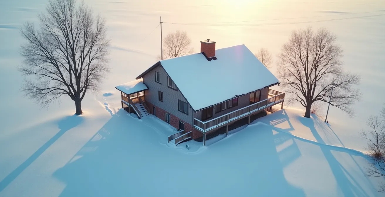 Vue aérienne d'une maison en hiver montrant les zones de déperdition de chaleur par la toiture et les murs