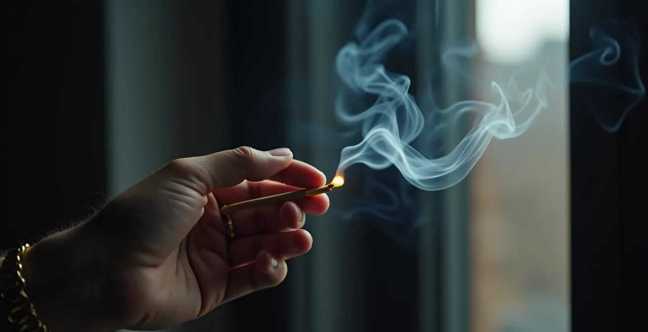 Main tenant un bâton d'encens près d'une fenêtre avec la fumée déviée par un courant d'air parasite.