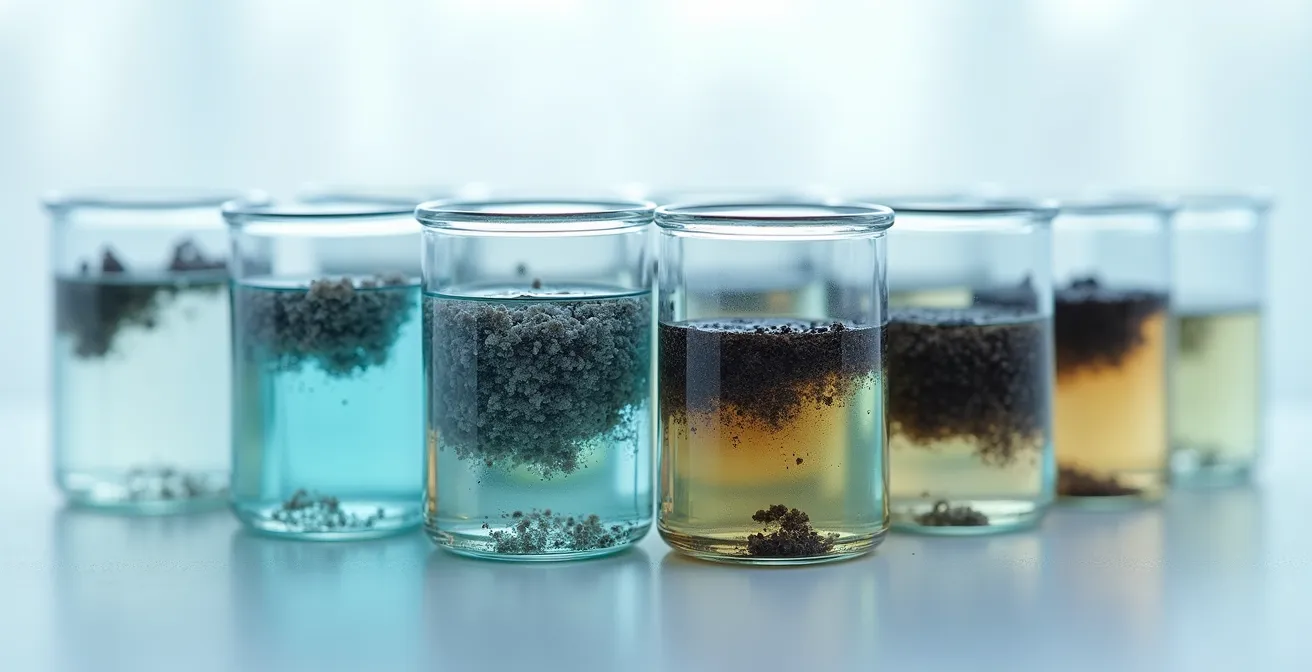 Vue macro d'un échantillon d'eau de purge montrant les dépôts de boues caractéristiques