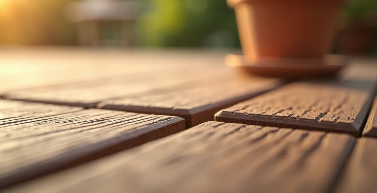 Vue macro montrant l'expansion thermique d'une lame de terrasse composite sous l'effet de la chaleur