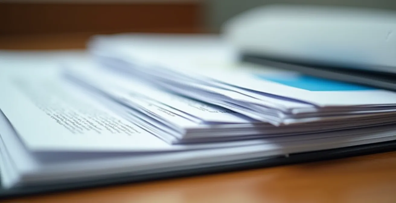 Dossier professionnel de documents techniques immobiliers organisé avec factures et diagnostics, présenté sur une table de travail