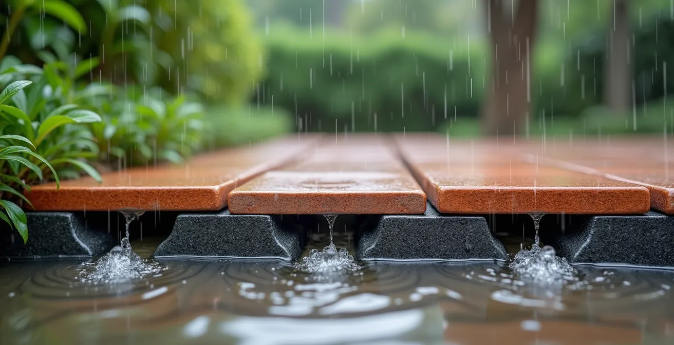 Vue en coupe d'une terrasse sur plots montrant le système de double drainage avec évacuation verticale et horizontale de l'eau
