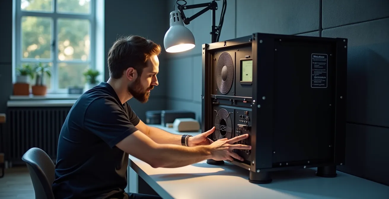 Local technique isolé montrant l'installation optimale d'un caisson VMC avec silent-blocs
