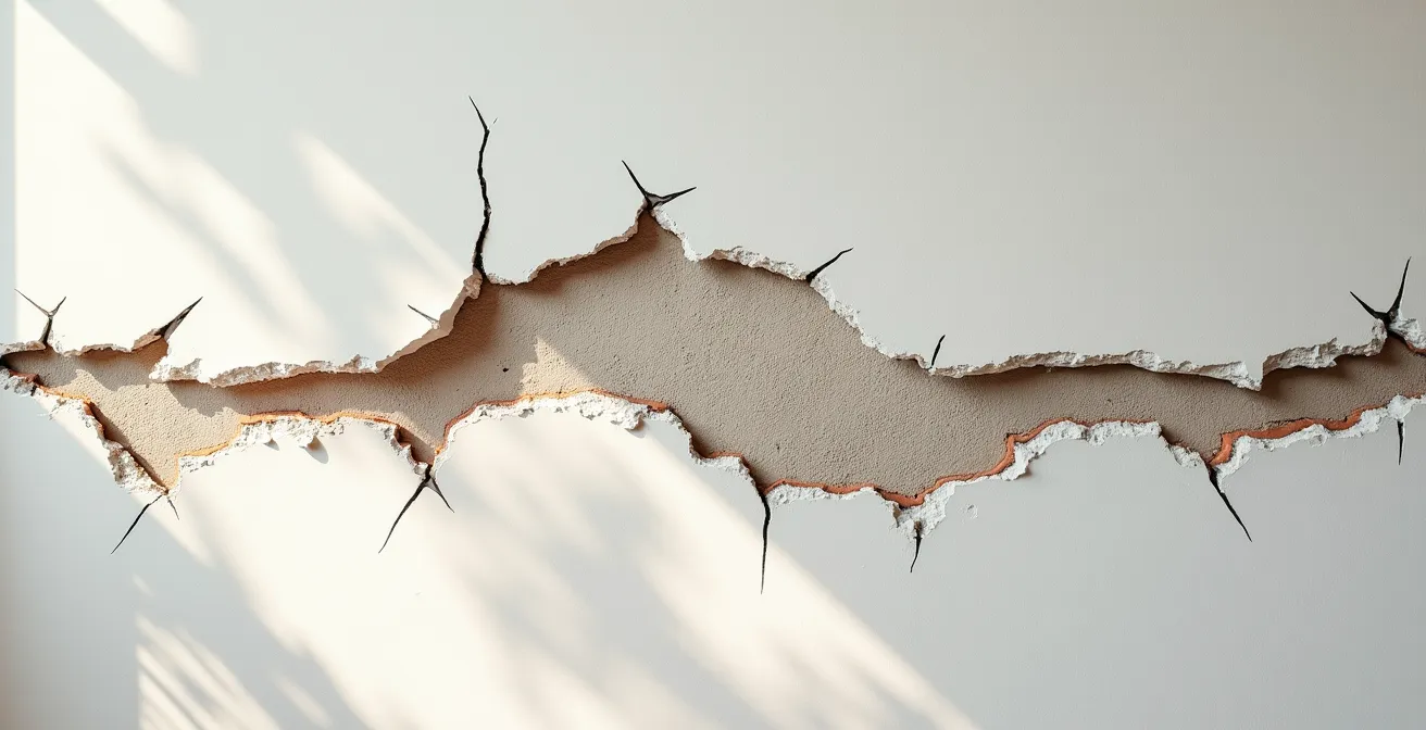 Vue rapprochée d'un enduit qui s'écaille révélant une fissure réapparue sur un mur