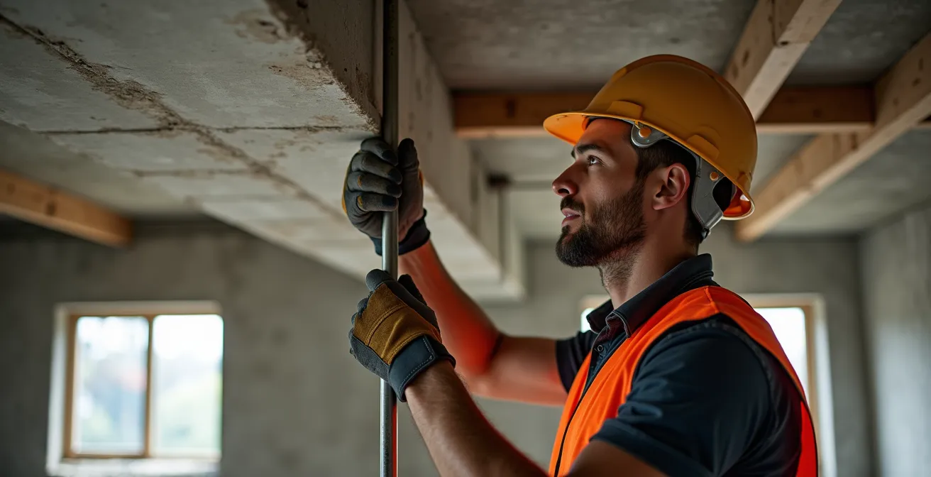 Étais de maçonnerie installés avec madriers de répartition sous un plancher