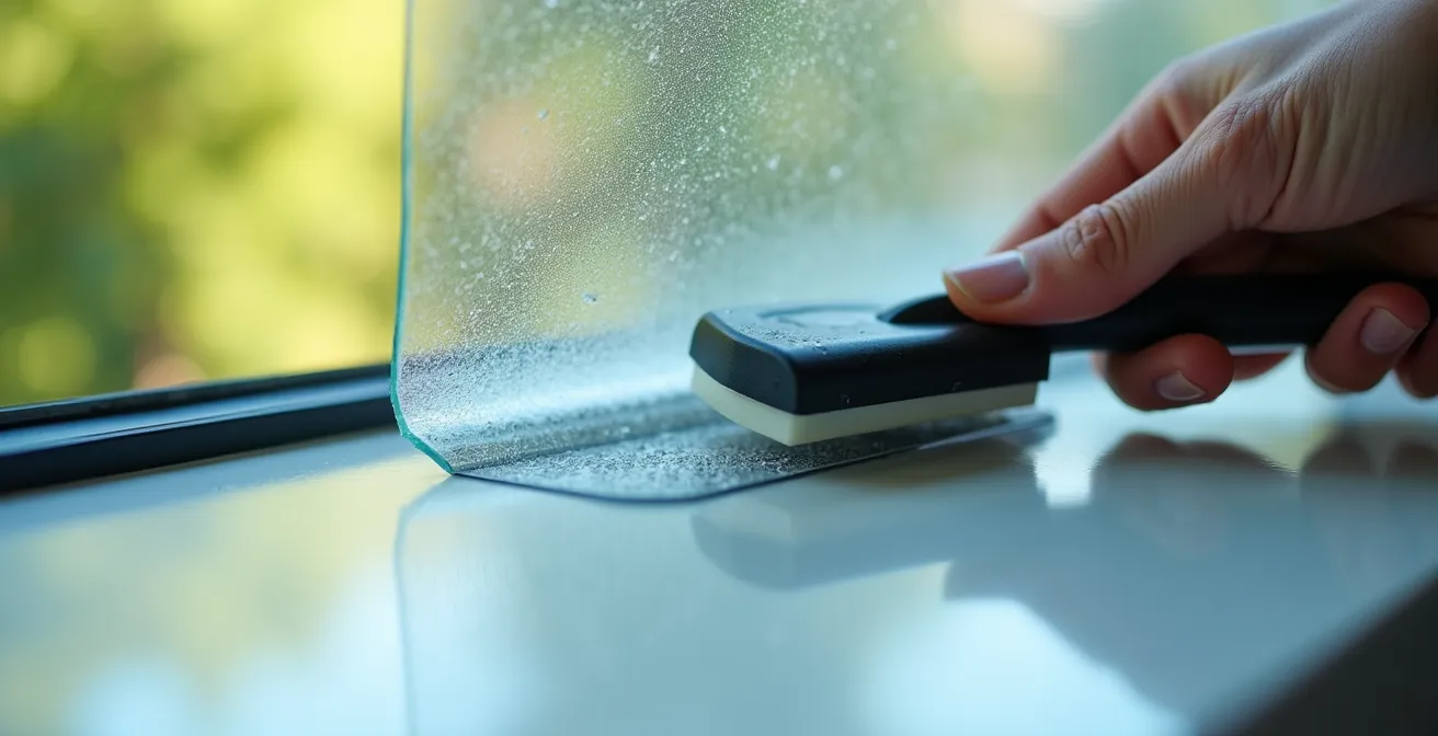 Gros plan sur une main appliquant un film protecteur sur une vitre