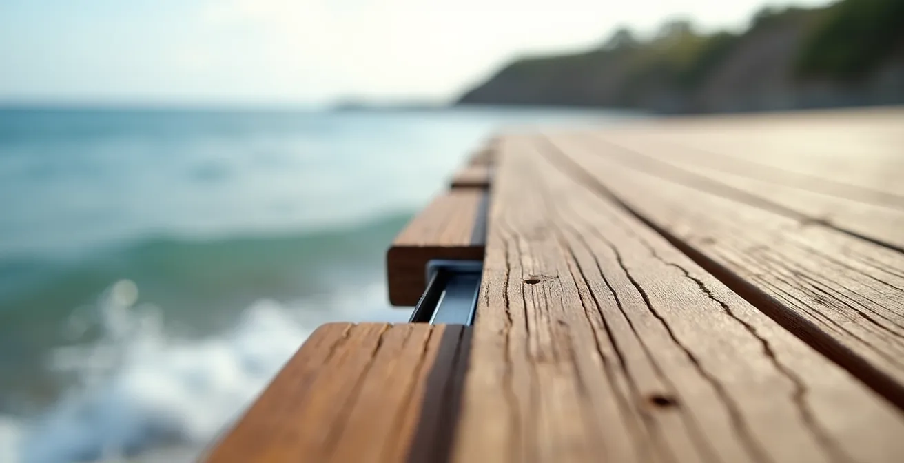 Système de clips de fixation pour terrasse en environnement côtier montrant différents types de matériaux