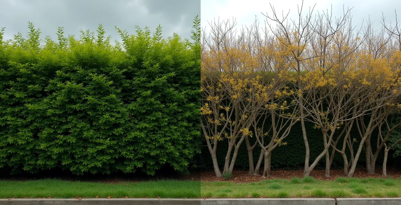 Comparaison visuelle d'une haie dense et verte à 1 an versus dégarnie à la base après 5 ans