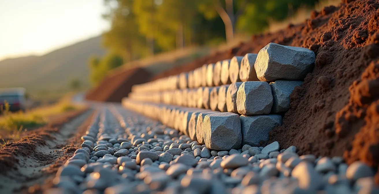 Vue en coupe d'un mur de gabion incliné à 6 degrés montrant les forces en présence