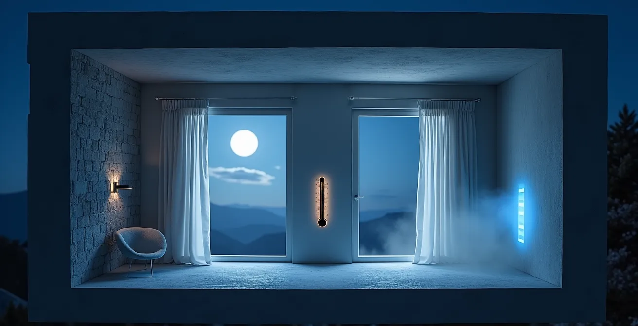 Coupe architecturale montrant les flux d'air traversants dans une maison la nuit