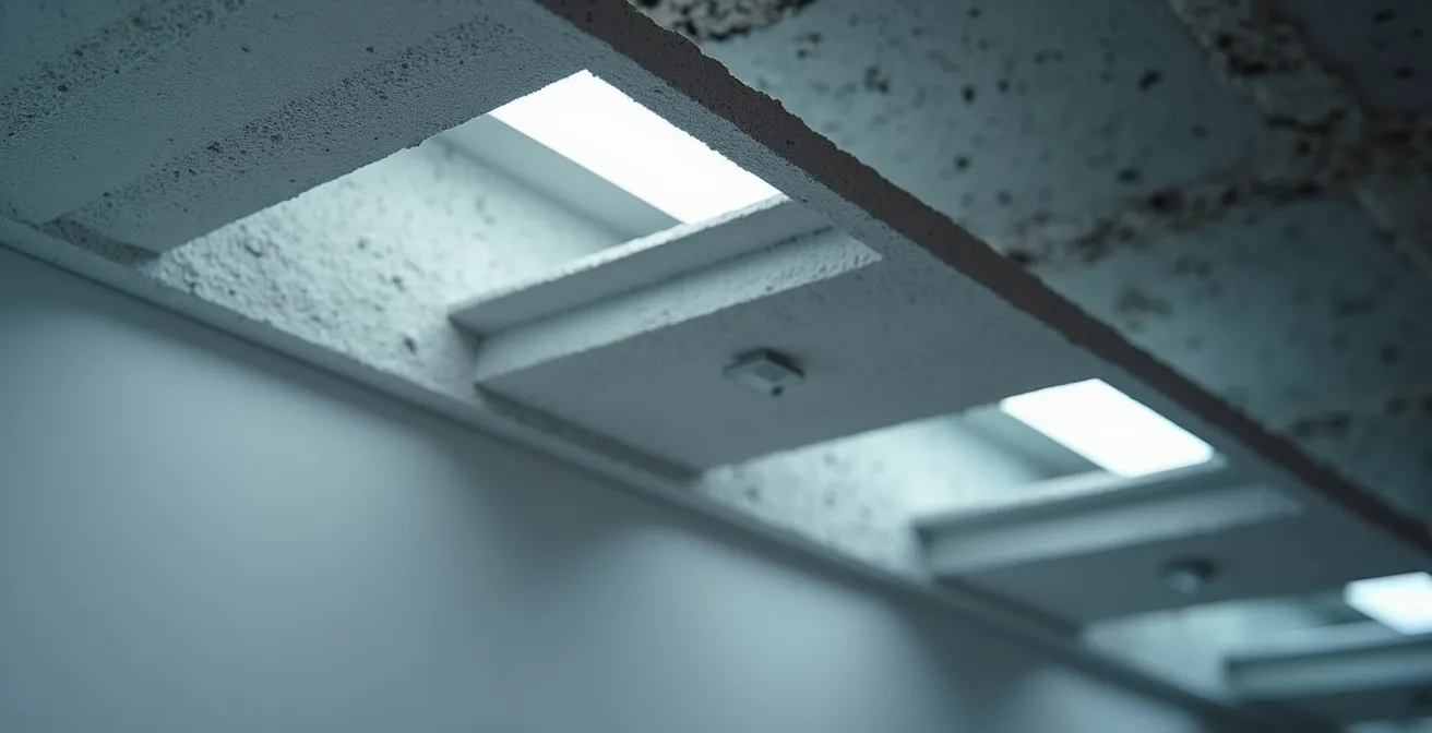Vue technique montrant l'installation de gaines plates de VMC dans un faux plafond de couloir
