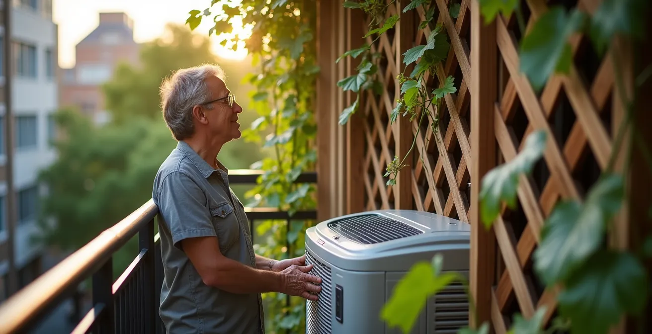 Unité extérieure de climatisation dissimulée derrière un cache végétalisé sur un balcon urbain