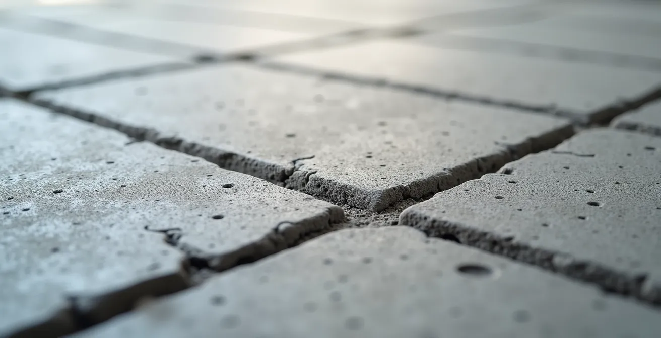Vue détaillée des joints de sciage dans une dalle de béton avec motif géométrique