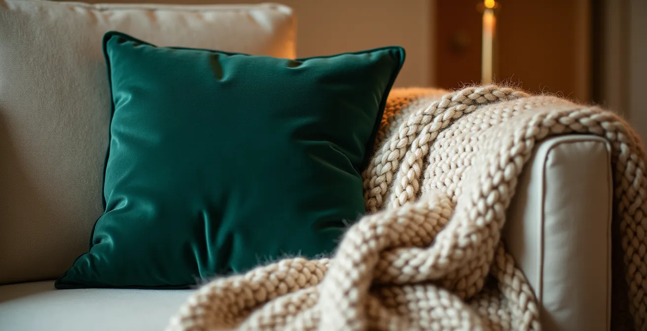 Gros plan sur un canapé avec coussins en velours émeraude, lin naturel et plaid en laine bouclée