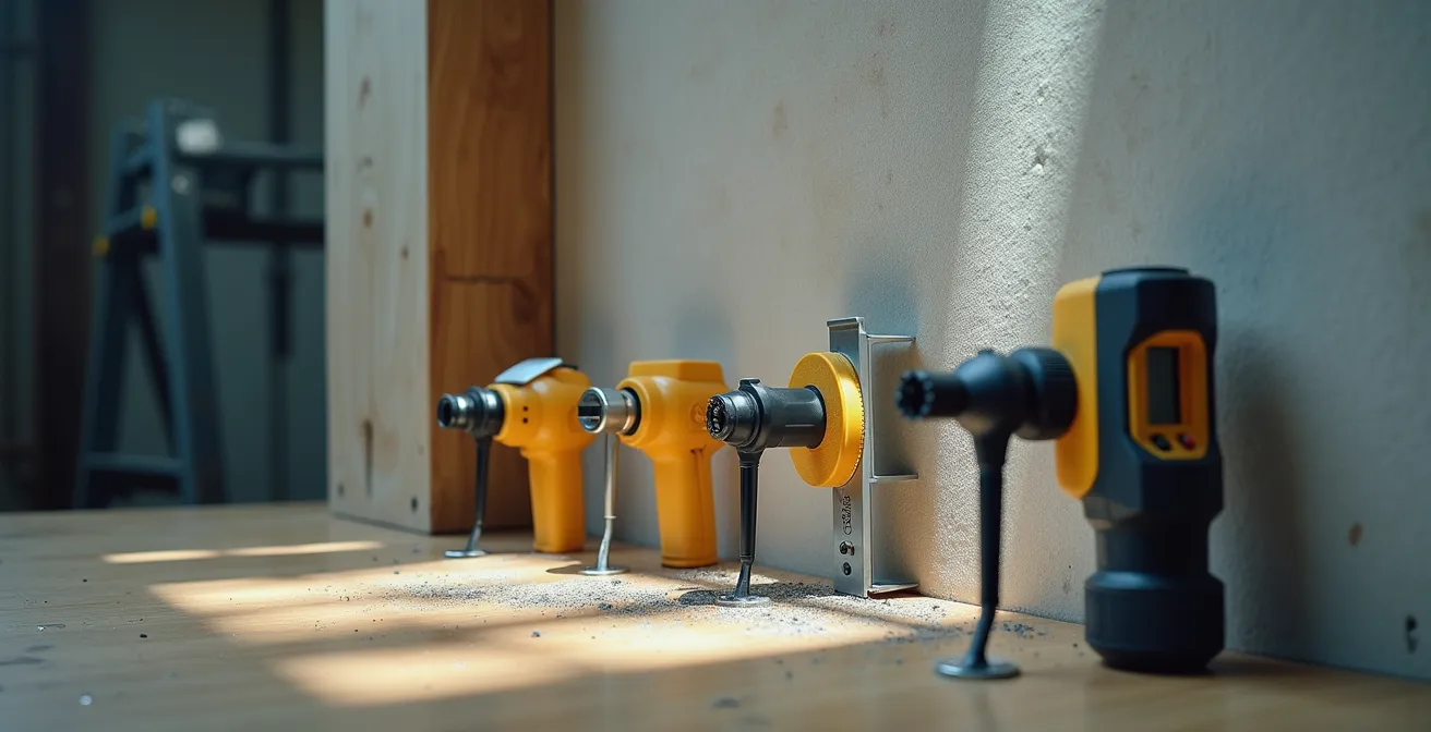 Professionnel mesurant l'humidité à cœur d'un mur avec différents outils de mesure