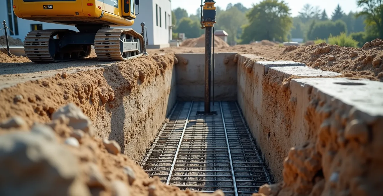 Vue en coupe technique montrant l'installation de micropieux sous les fondations d'une maison