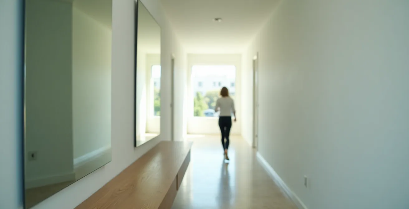 Couloir étroit avec grand miroir placé stratégiquement créant une illusion de profondeur