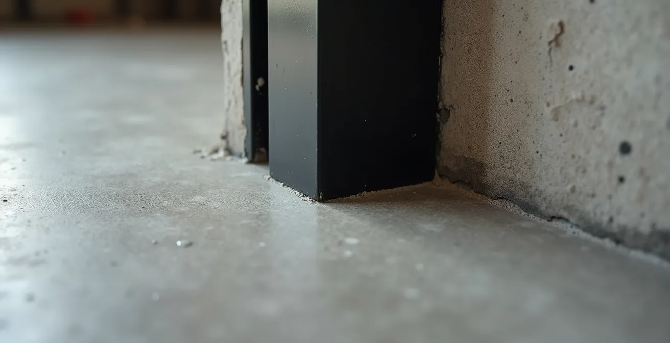 Muret de soubassement en béton ciré supportant une verrière métallique noire