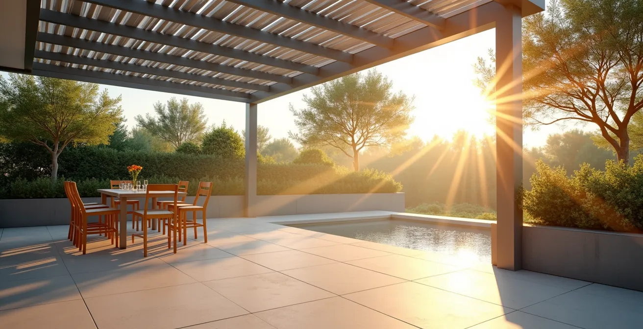 Vue latérale d'une pergola bioclimatique montrant la circulation d'air naturelle créée par l'inclinaison des lames