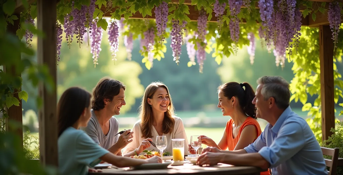 Pergola recouverte de glycine créant une ombre naturelle et mouvante sur une terrasse
