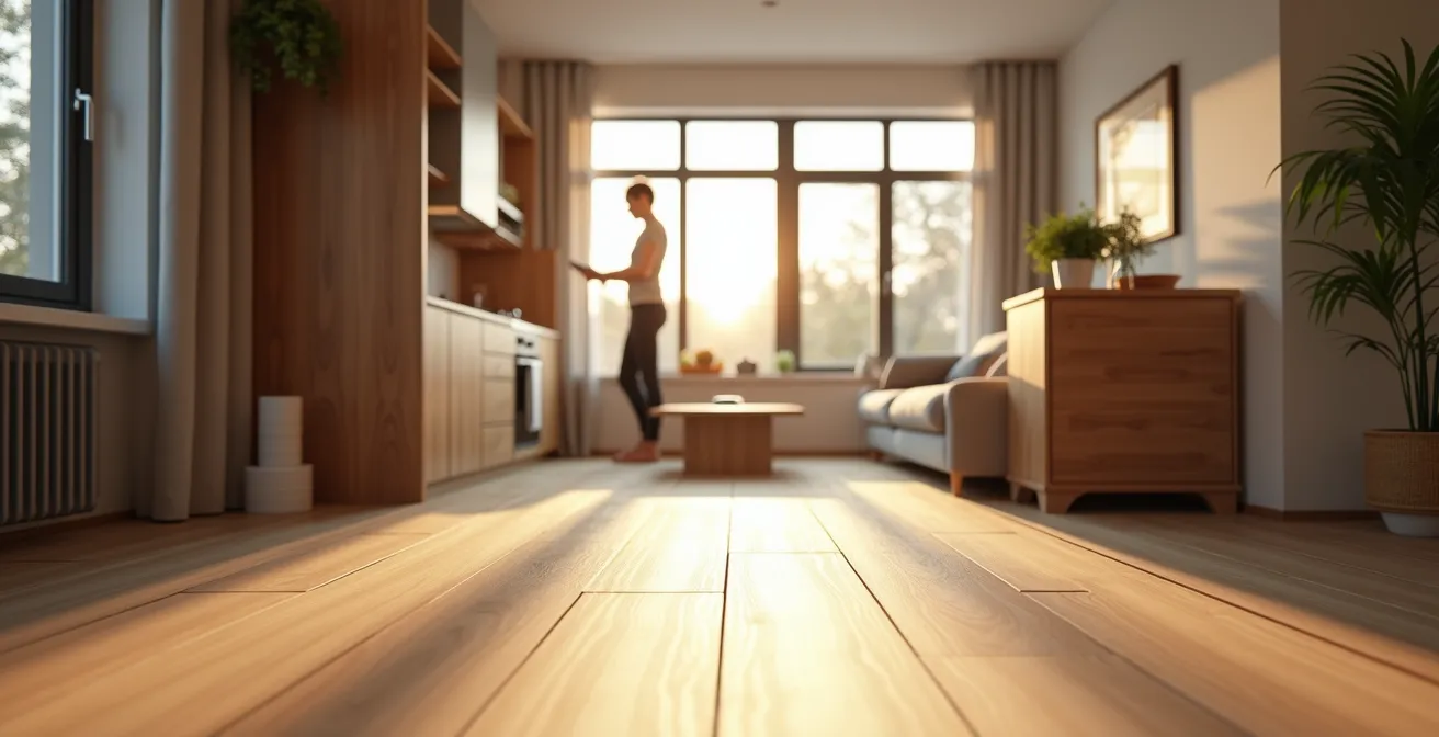 Petit appartement avec sol unifié en carrelage grand format créant une sensation d'espace