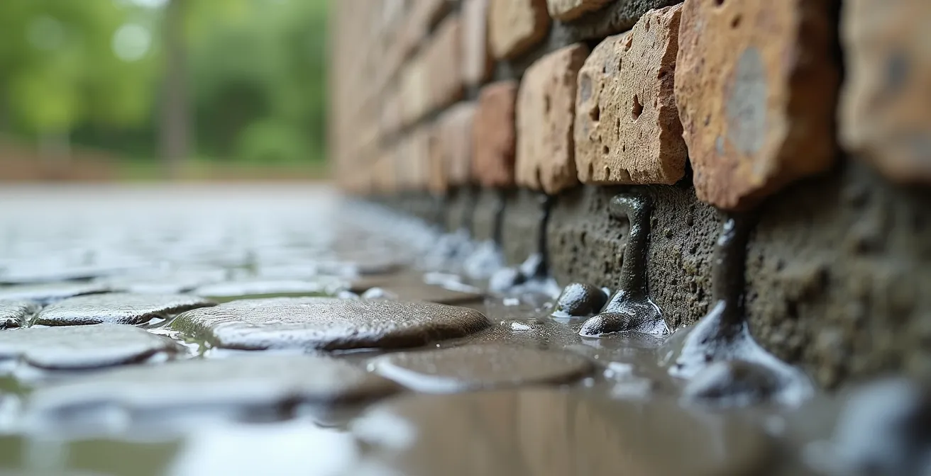 Vue en coupe d'un mur montrant le phénomène de mèche avec enduit touchant le sol