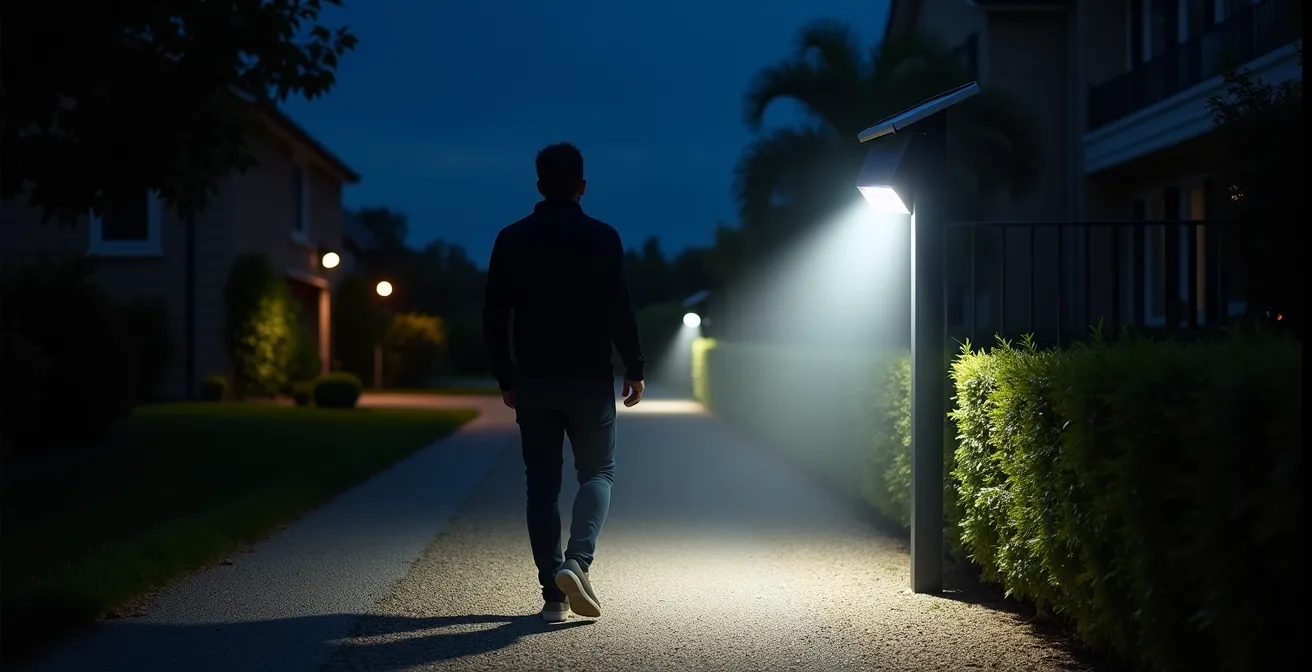 Projecteur solaire avec détecteur illuminant une entrée de propriété la nuit