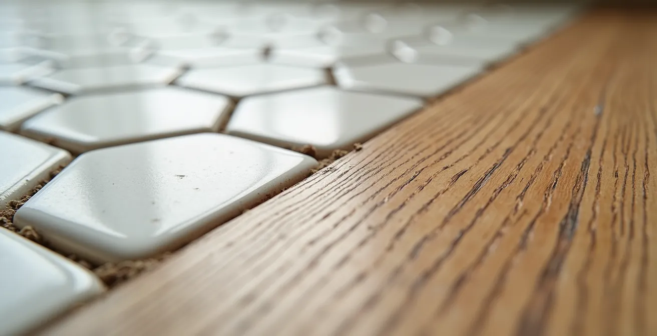 Vue détaillée d'une transition harmonieuse entre carrelage de cuisine et parquet de salon