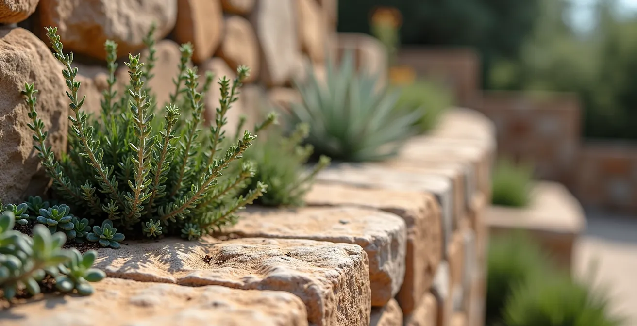 Restanques en pierre naturelle créant des terrasses cultivées dans un jardin