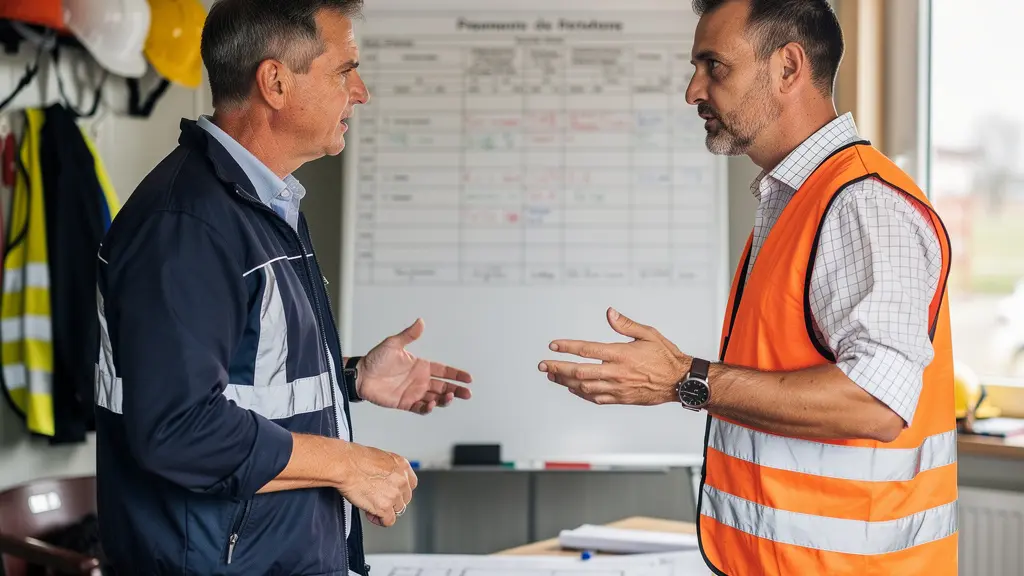 Coordinateur de chantier en discussion avec un artisan devant un planning de rénovation