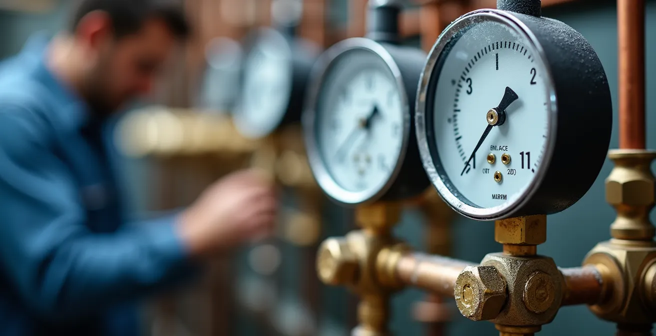 Technicien effectuant la maintenance d'une pompe à chaleur avec manomètres