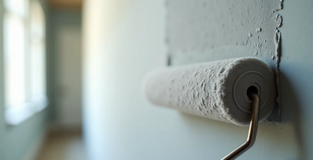 Professionnel appliquant de la peinture velours sur un mur avec une technique de lissage vertical au rouleau