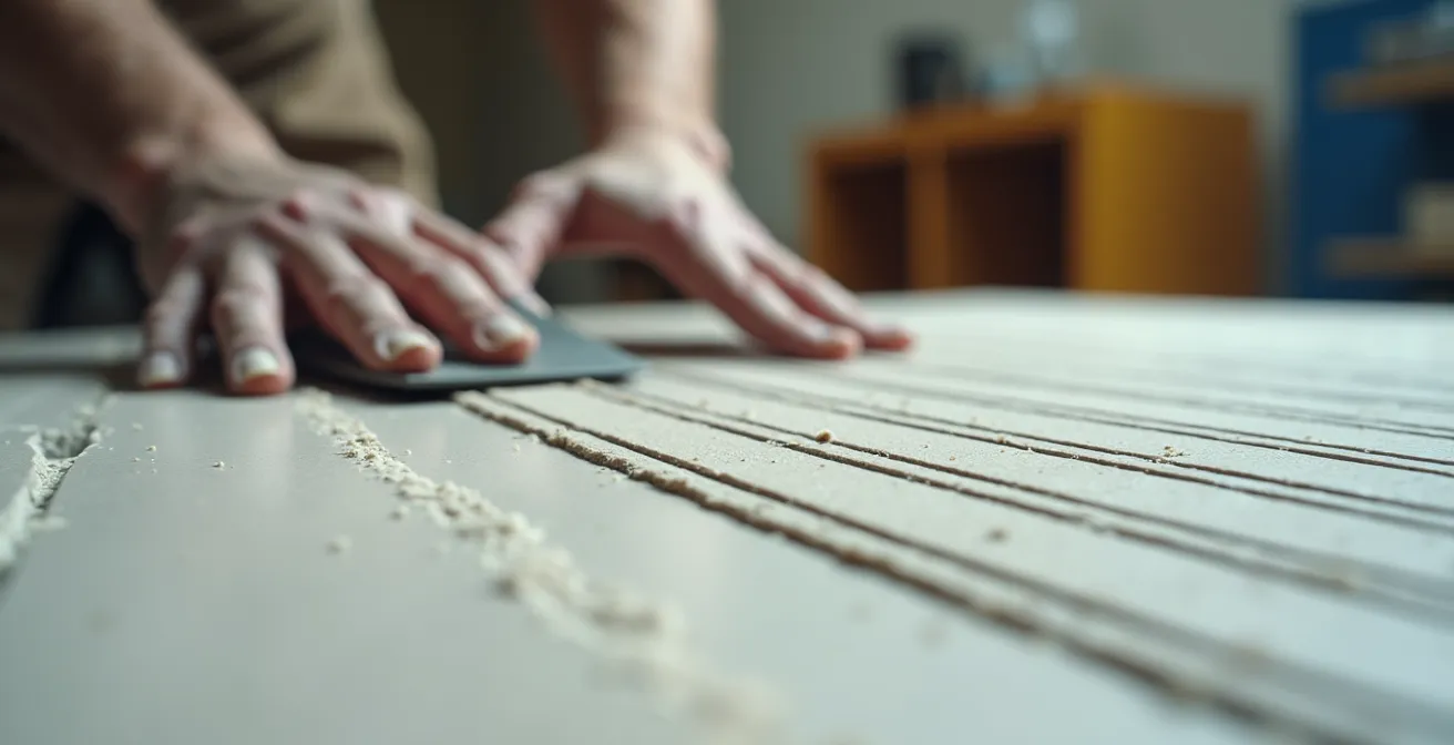 Application professionnelle de colle sur carrelage grand format avec peigne cranté