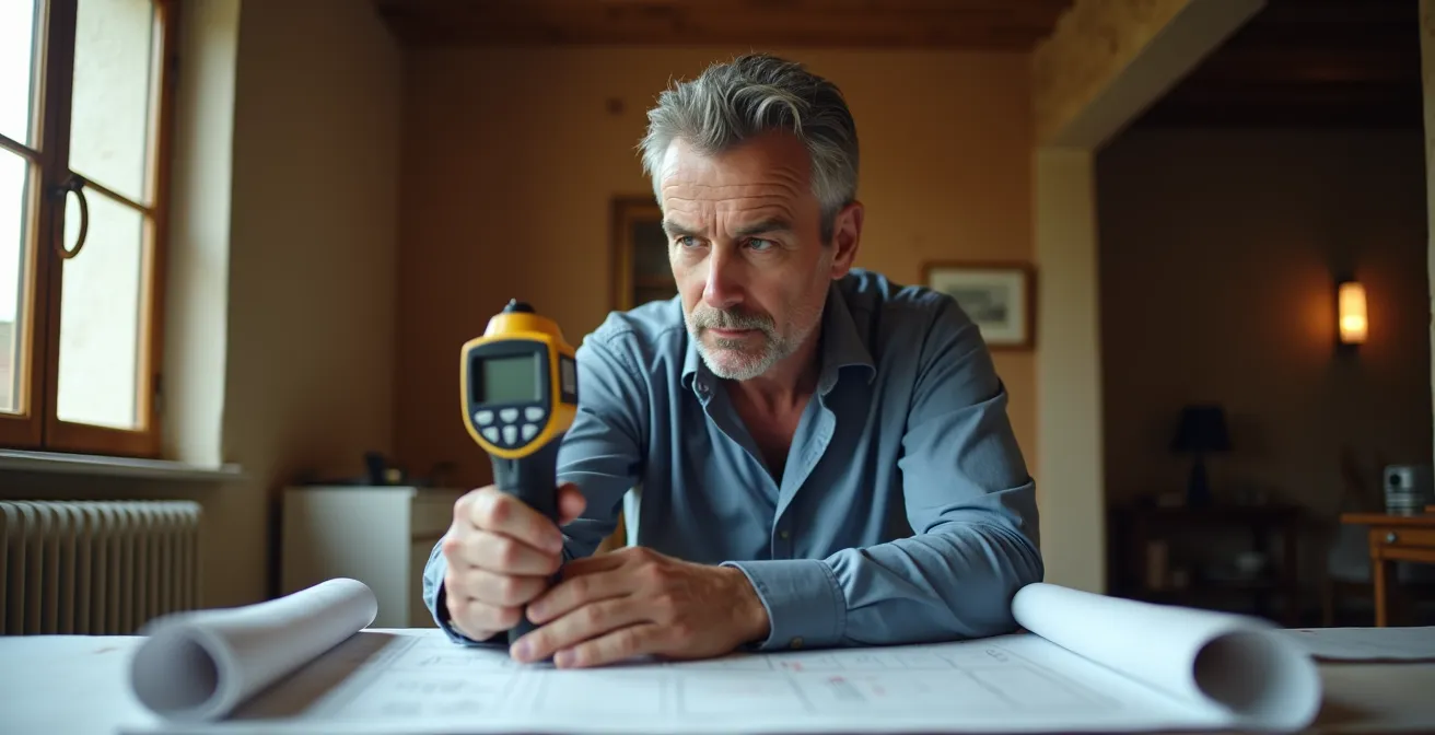 Professionnel qualifié analysant les données thermiques d'une maison avec équipements de mesure spécialisés