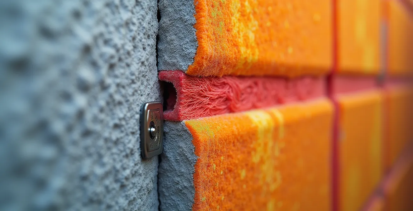 Analyse macro d'un pont thermique sur isolation de maison avec gradients de température visibles