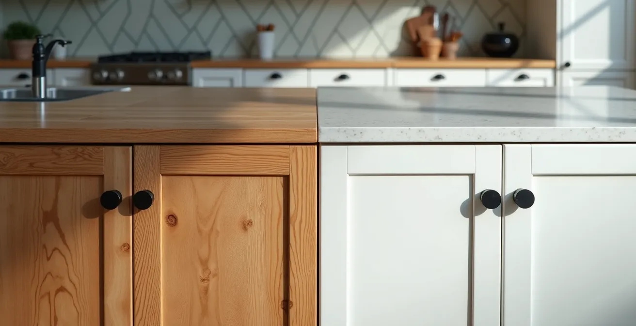 Meuble de cuisine avant et après peinture blanche et nouvelles poignées modernes